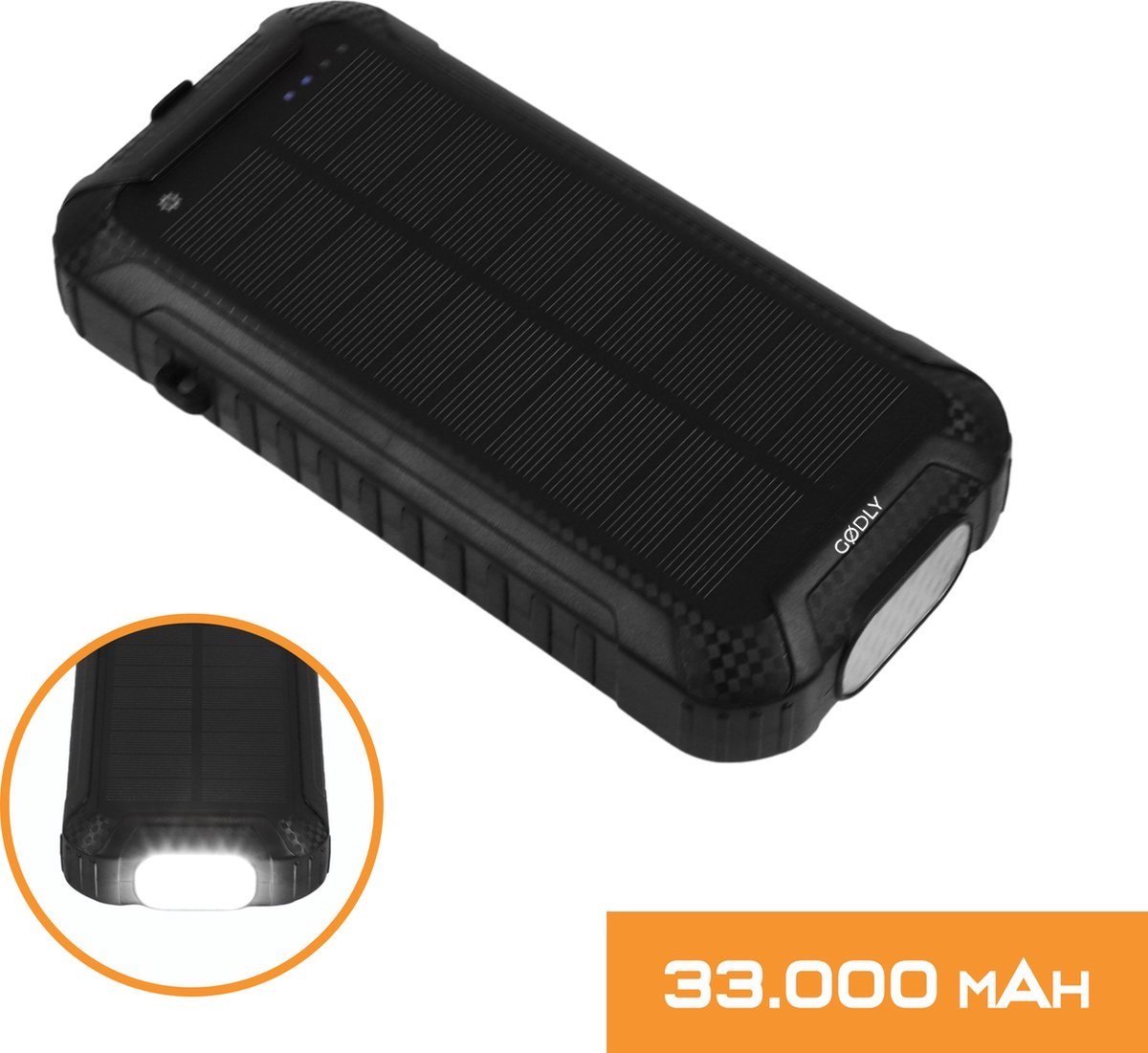 GØDLY® - Solar Powerbank - Powerbank Zonneenergie - 33000 mAh - met ingebouwde kabels 2023 Model - Geschikt voor iPhone, Samsung en meer - 12 Maanden Garantie