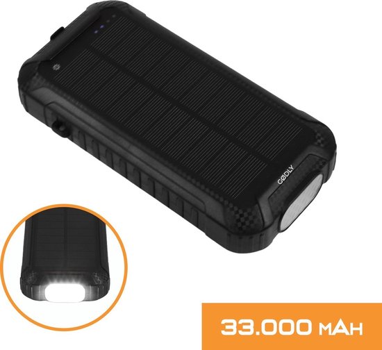 GØDLY® - Solar Powerbank - Powerbank Zonneenergie - 33000 mAh - met ingebouwde kabels 2023 Model - Geschikt voor iPhone, Samsung en meer - 12 Maanden Garantie