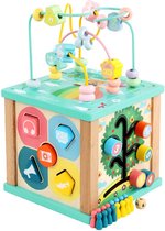 6 in 1 Houten Activiteiten Kubus - Pastel design - Mens Erger Je Niet - Montessori speelgoed - Klokkijken - Vormenstoof - Kralenspiraal