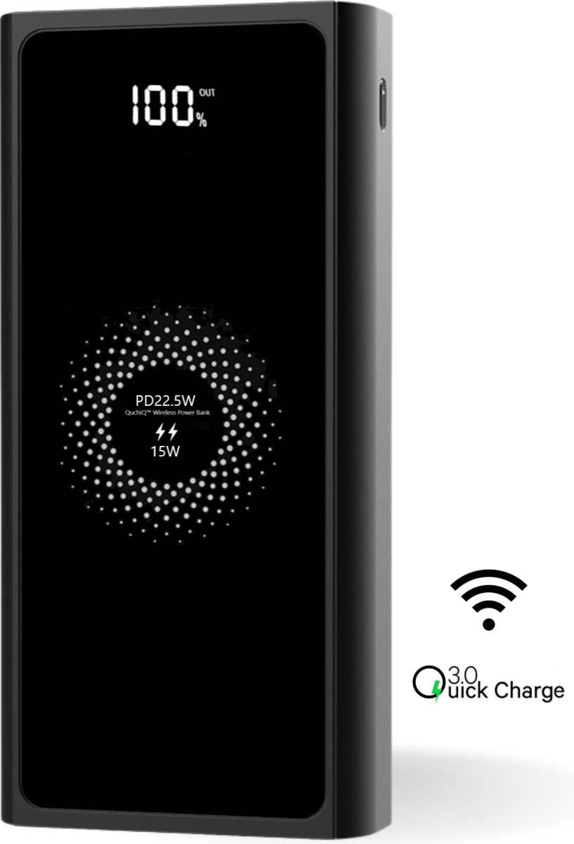 QuchiQ™ Draadloze Powerbank 20000mAh - Mini powerbank - Mobiele oplader - Externe oplaadbare batterij - Micro usb & C input - Geschikt voor Iphone en Samsung - LED lampjes