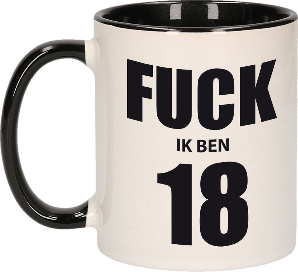 Bellatio Decorations Fuck ik ben 18 koffiemok - beker - zwart wit - 300 ml - keramiek