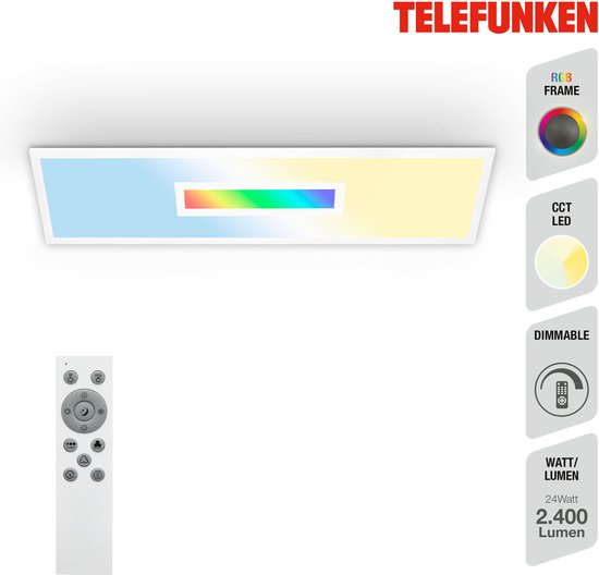 Telefunken CENTERLIGHT - LED Paneel - 319206TF - CCT- kleurtemperatuur regeling - incl. afstandsbediening - RGB Centerlight - traploos dimbaar via afstandsbediening - memory functie - IP20 - 25.000 uur - 100 x 25 x 6,3 cm