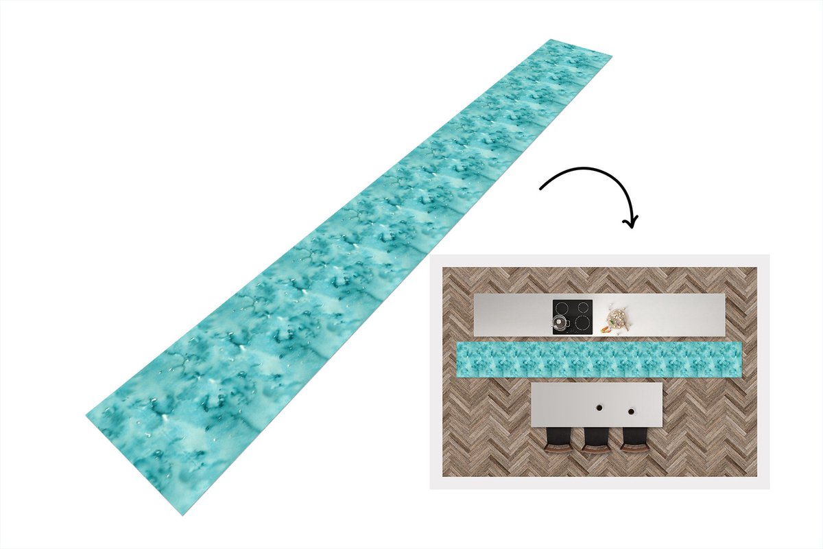 KitchenYeah Keukenloper - Keukenmat - Patroon - Turquoise - Waterverf - Keuken vloerkleed, foto 2