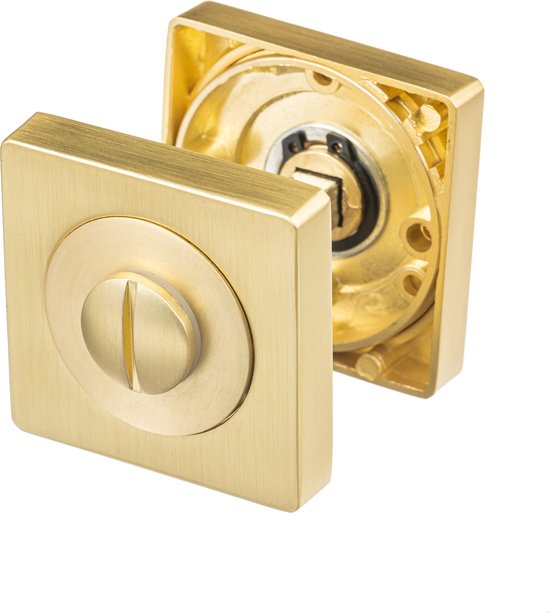 Matgouden toiletdeurbeslag met vierkante rozetten en draaiknop met sleuf.