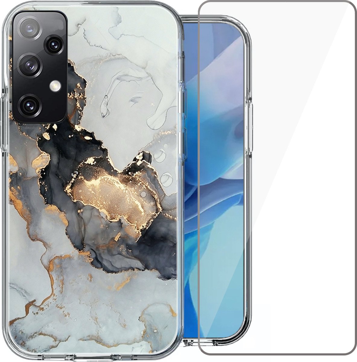 Hoesje geschikt voor Samsung Galaxy A53 - Siliconen Shock Proof Case Back Cover Hoes Marmer Goud + Screenprotector Gehard Glas Screen Protector