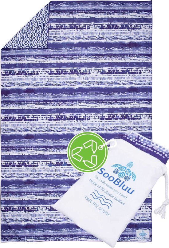 SooBluu TIE - Sneldrogende Reishanddoek Strandlaken Saunadoek - De duurzame microvezel handdoek van gerecycled plastic - Dubbelzijdige print - Licht en compact - 100x160 - blauw