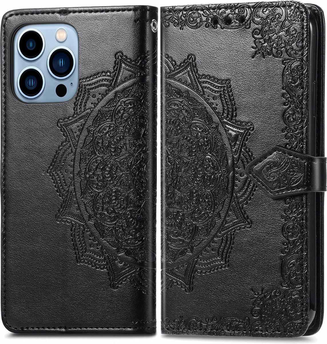 Bookcase geschikt voor Apple iPhone 13 Pro Max - Zwart - Bloemen - Portemonnee Hoesje
