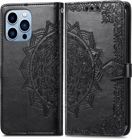 Étui portefeuille noir pour téléphone avec motif floral. Le côté gauche montre l'arrière d'un iPhone, le côté droit est l'étui ouvert.