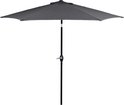 Antracietkleurige parasol, volledig geopend, met een zwarte paal en kantelmechanisme.