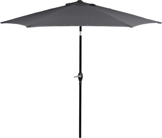 Antracietkleurige parasol, volledig geopend, met een zwarte paal en kantelmechanisme.