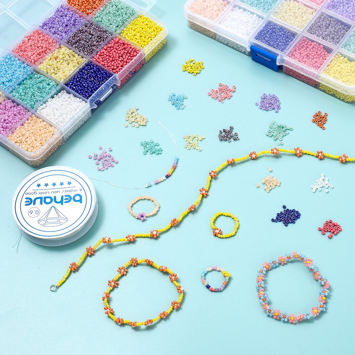 Behave 15000 Glaskralen Set - DIY Sieraden maken - Kralen Set - Rocailles - Rijgdraad - 15 Pastel Kleuren - 2mm — afbeelding 5