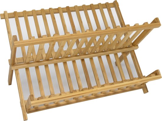 Utoplike Groot teak afdruiprek, houten 3-laags opvouwbare afdruiprek voor aanrecht, keukenorganizer voor pastaborden, kopjes