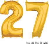 Mega grote XXL gouden folie ballon cijfer 27 jaar.  leeftijd verjaardag 27 jaar. 102 cm 40 inch. Met rietje om ballonnen mee op te blazen.