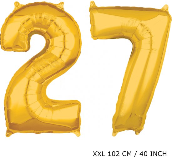 Mega grote XXL gouden folie ballon cijfer 27 jaar.  leeftijd verjaardag 27 jaar. 102 cm 40 inch. Met rietje om ballonnen mee op te blazen.
