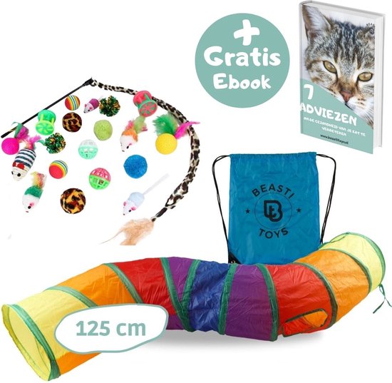 Beasti Toys Kattentunnel 125 cm + 20 Kattenspeeltjes en Rugzak - Kattenspeelgoed - Speeltunnel - Kattenhengel - Kitten Speeltjes - Rainbow - Opvouwbaar