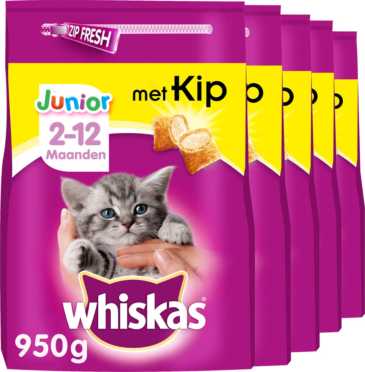 Samengesteld Tegenhanger Wacht even Whiskas Junior Droge Brokjes - Katten Droogvoer - Kip - 5 x 950g | bol.com