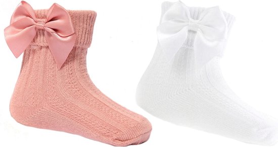 Soft Touch - 2 paar Baby Sokjes met Strik - Dusty Pink & Wit - Maat 3-6 mnd