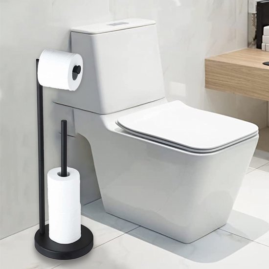 Zwarte toiletrolhouder met reserve rol naast een modern toilet.