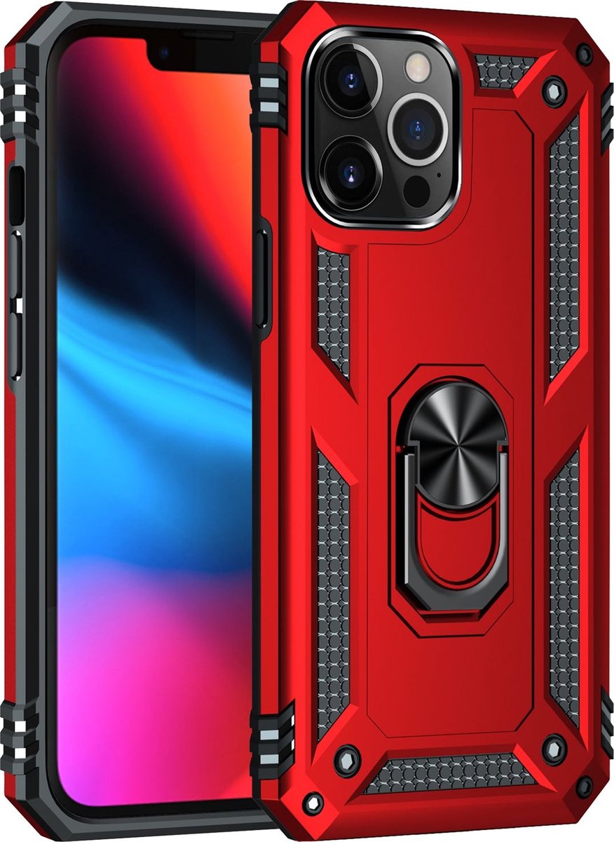 Mobigear Hoesje geschikt voor Apple iPhone 13 Pro Max Telefoonhoesje Hardcase | Mobigear Armor Ring Backcover Shockproof met Ringhouder | Schokbestendig iPhone 13 Pro Max Telefoonhoesje | Anti Shock Proof - Rood