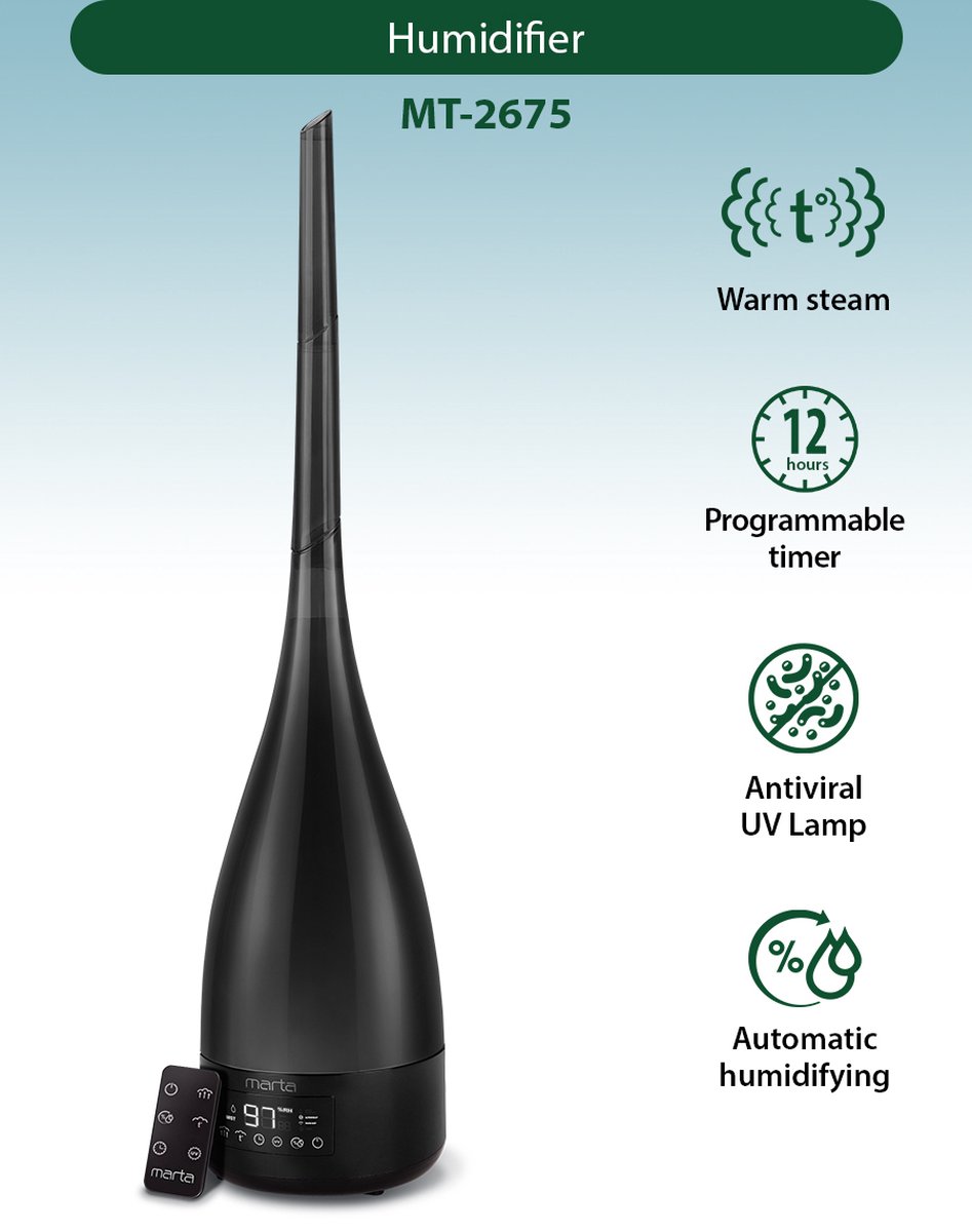 MARTA MT-2675 - luchtbevochtiger - met Aromatherapie - Ultrasoon - UV lamp - Hygrometer - Verwarm functie - 110W - 3.5L - 40M2