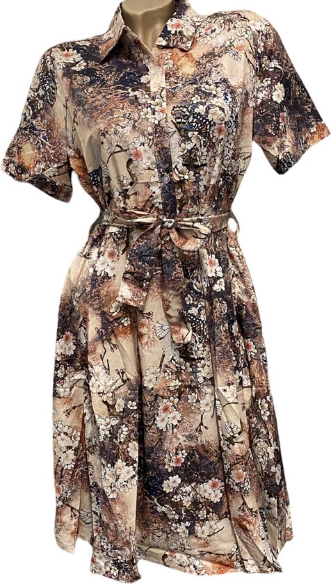 Dames jurk met bloemenprint L/XL beige/donkerblauw/bruin