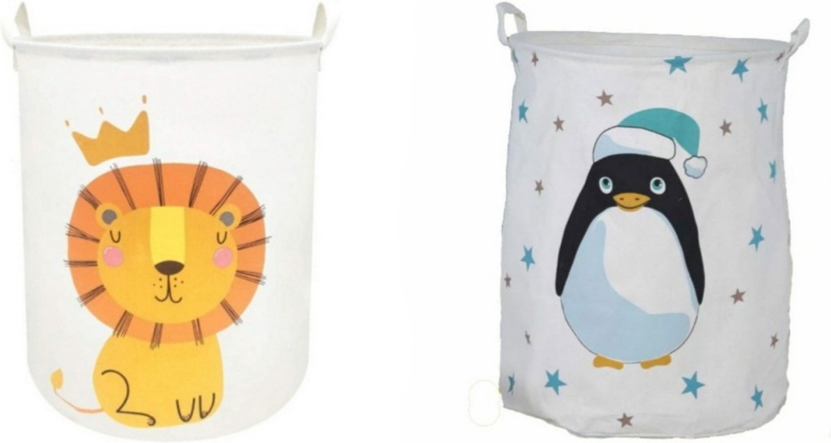 Opbergmand Kinderkamer - Speelgoedmand - 2 stuks - Wasmand - Opvouwbaar - Leeuw - Pinguïn