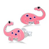 Joy|S - Zilveren dinosaurus oorbellen - roze - 9 x 12 mm - dino oorknoppen