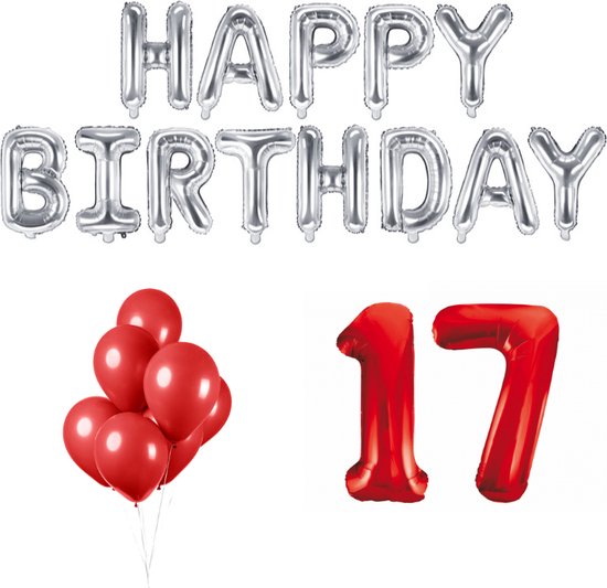 17 jaar Verjaardag Versiering Ballon Pakket Rood & Zilver | bol