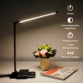 Draadloze oplader - LED-bureaulamp - opladen via USB - dimbaar - met 5 standen - aanraakbediening - automatische timer - leeslamp - zwart