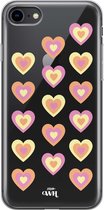 Retro Heart Pastel Pink - iPhone Transparant Case - Transparant siliconen hoesje geschikt voor iPhone SE / 8 / 7 hoesje - Shockproof case doorzichtig met hartjes - Hartje beschermh