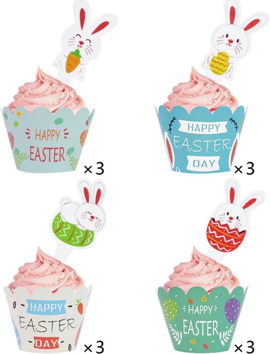 Vrolijke paas-cupcake-toppers, paaseieren, cupcake-topper, haas-taart- en cupcake-toppers, vrolijke paashaas-eieren, taartdecoraties voor Pasen verjaardagsfeest Qumiuu