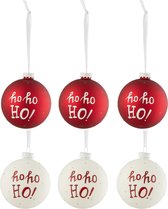 J-Line Kerstballen Hohoho! - glas - wit & rood - doos van 6 stuks - kerstboomversiering