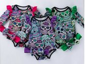 Set van 3 rompers - Set of 3 babygrows - Onesie - Dress up - Verkleed - Halloween - Día de los Muertos - Inclusief hoofdband - Groen/paars en roze - Maat 62