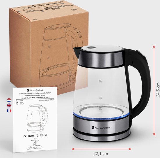 KitchenBrothers Waterkoker - Glas - Elektrisch - PFAS- & BPA-vrij - 1,7L - Retro - met LED - 2200W - Glazen Waterkoker - RVS