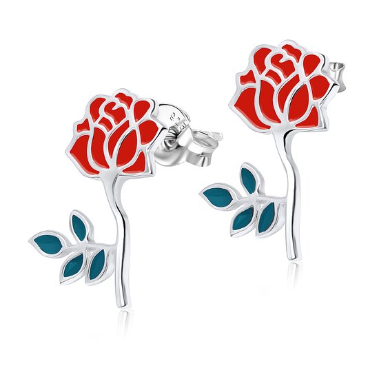 Joy|S - Zilveren roos oorbellen - rood - 11 x 16 mm - bloem oorknoppen