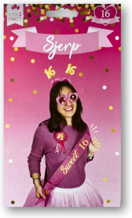 Sjerp Sweet 16 - 16 jaar - Sjerp - Sweet sixteen - Verjaardag - Feestartikelen - Feesten - Sjerp - Roze met gouden letters .