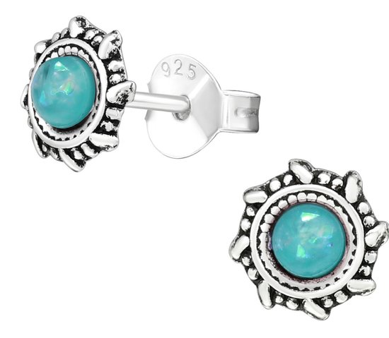 Joy|S - Zilveren Bali oorbellen - 6 mm - blauw opal - geoxideerd
