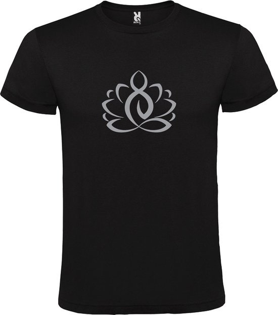 Zwart  T shirt met  print van "Lotusbloem met Boeddha " print Zilver size XS