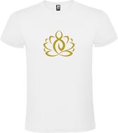 Wit  T shirt met  print van "Lotusbloem met Boeddha " print Goud size S