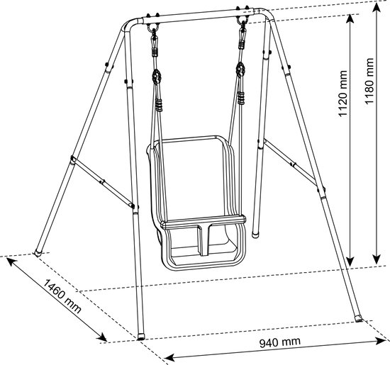 Dessin technique d'une balançoire autoportante avec dimensions.
