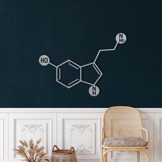 Wanddecoratie |Serotonine Molecuul /Serotonin Molecule decor | Metal - Wall Art | Muurdecoratie | Woonkamer |Zilver| 45x32cm