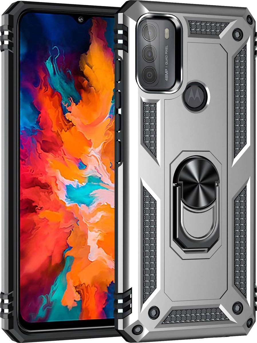 Mobigear Hoesje geschikt voor Motorola Moto G50 Telefoonhoesje Hardcase | Mobigear Armor Ring Backcover Shockproof met Ringhouder | Schokbestendig Moto G50 Telefoonhoesje | Anti Shock Proof - Zilver