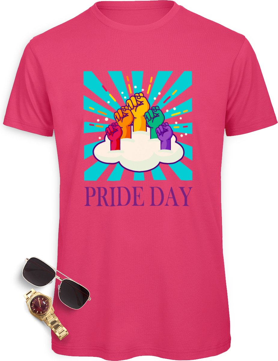 Pride Day mannen t-Shirt - Pride Day t Shirt heren - Pride Day Shirt met print opdruk - Maten: S M L XL XXL XXXL - tshirt kleuren: wit, zwart, oranje en fuchsia.