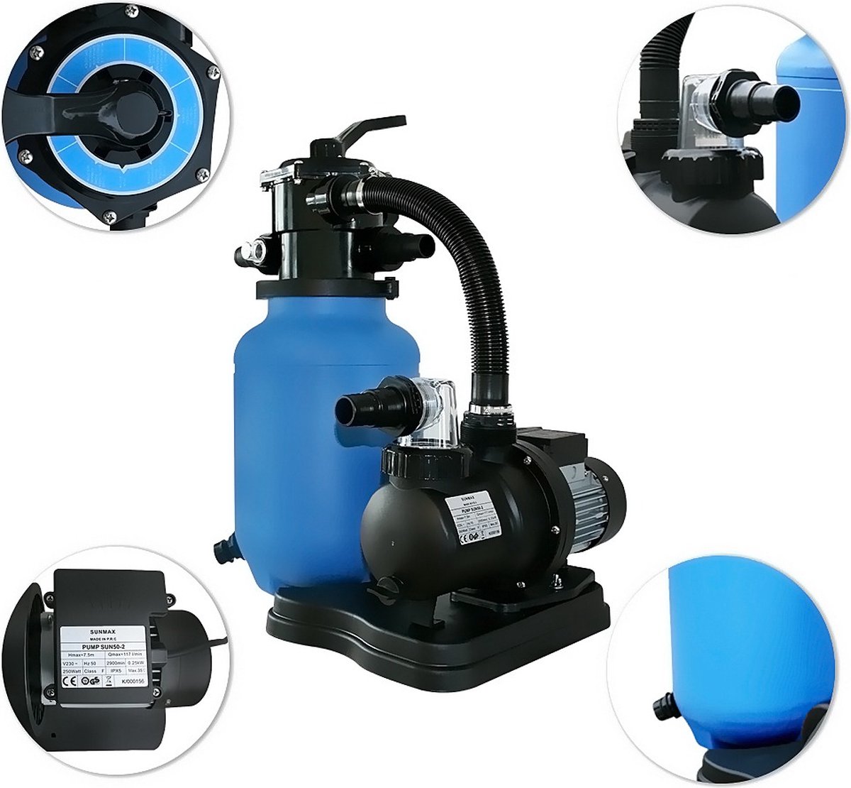 Sunmax Filtersysteem zandfilterpomp 7.5m3 7500 l/uur met filter mandje (extra filtratie) en VIDEOHandleiding | voor Zand Glas Filterbollen. Zwembadpomp bij elk zwembad | 32mm en 38mm aansluiting – foto 4