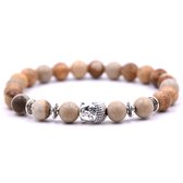 Bracelet avec breloque bouddha - Bracelet pierre naturelle - Bande Perles - Femme / Homme / Unisexe / Cadeau - Cadeau pour homme & femme - Bouddha argenté - Élastique - Beige