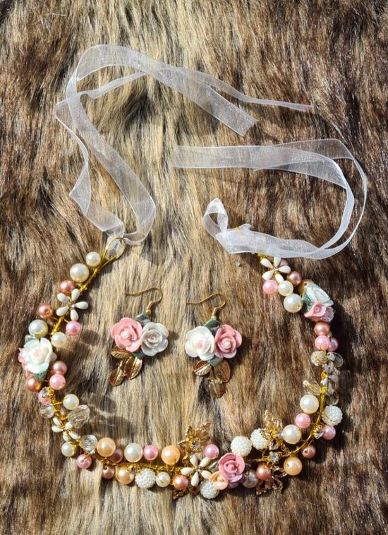 haarband - roze gouden diadeem met oorbel-bloemenkroon-luxe... | bol
