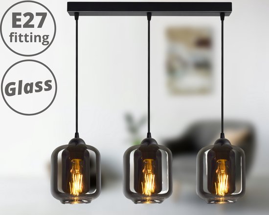 Hanglamp Industrieel Smoke Rookglas / Zwart - 3-lichts - Glas - Hanglampen Eetkamer, Slaapkamer, Woonkamer
