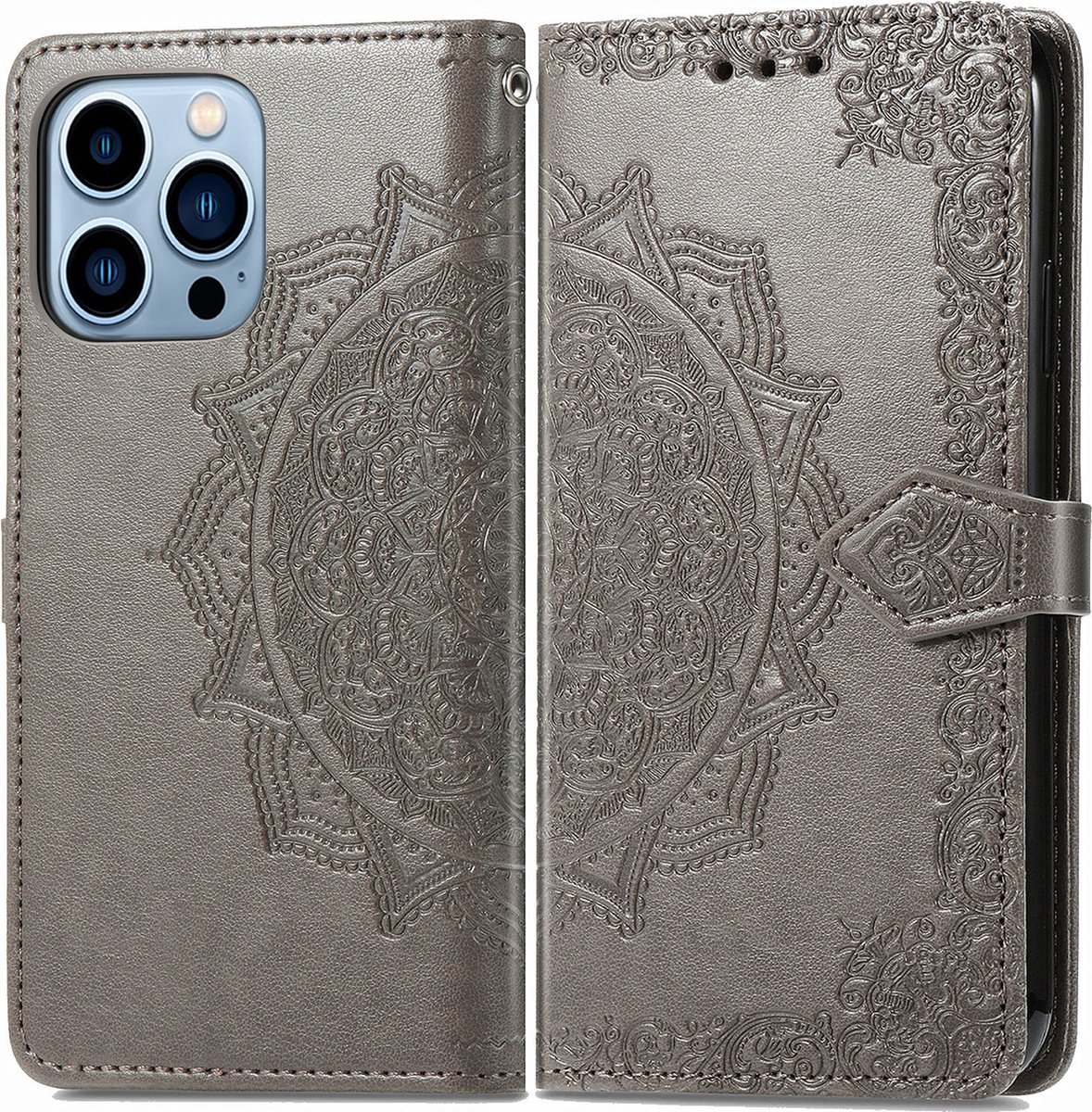 Bookcase geschikt voor Apple iPhone 13 Pro Max - Grijs - Bloemen - Portemonnee Hoesje