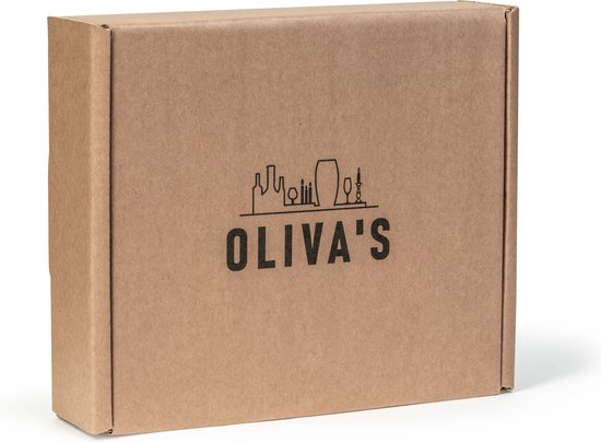 Bruine kartonnen doos met het Oliva's logo met stadsgezicht.