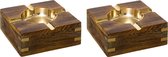 Set van 2x stuks terras asbakken vierkant metaal/hout 10 x 4 cm goud - Buiten asbakken